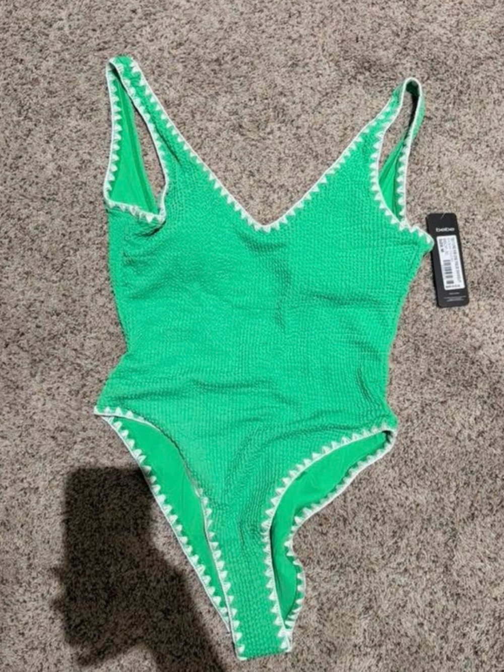 bebe Bright Green Textured One-Piece Swimsuit with White Trim